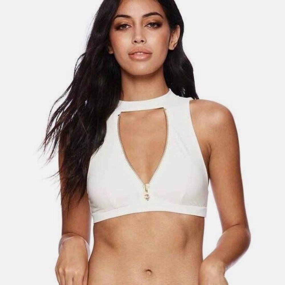 Zoey Beach Bunny ivory high neck Bikini Top with Gold Zipper